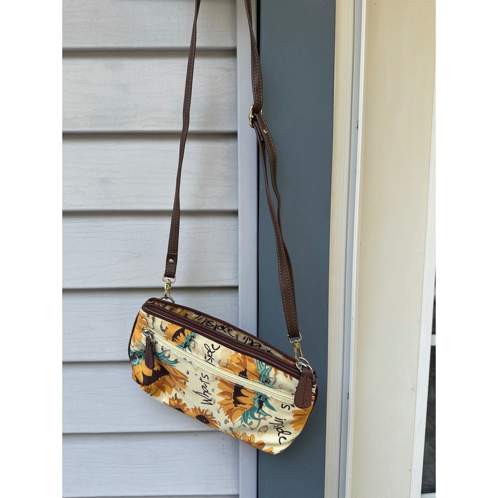 Sunflower Print Crossbody Bag Brown Leather Trim Small Shoulder Bag A202895